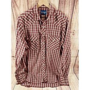 Wrangler Shirt Mens X-Large Burgundy Western Pearl Snap Plaid Cowboy Rodeo XL
